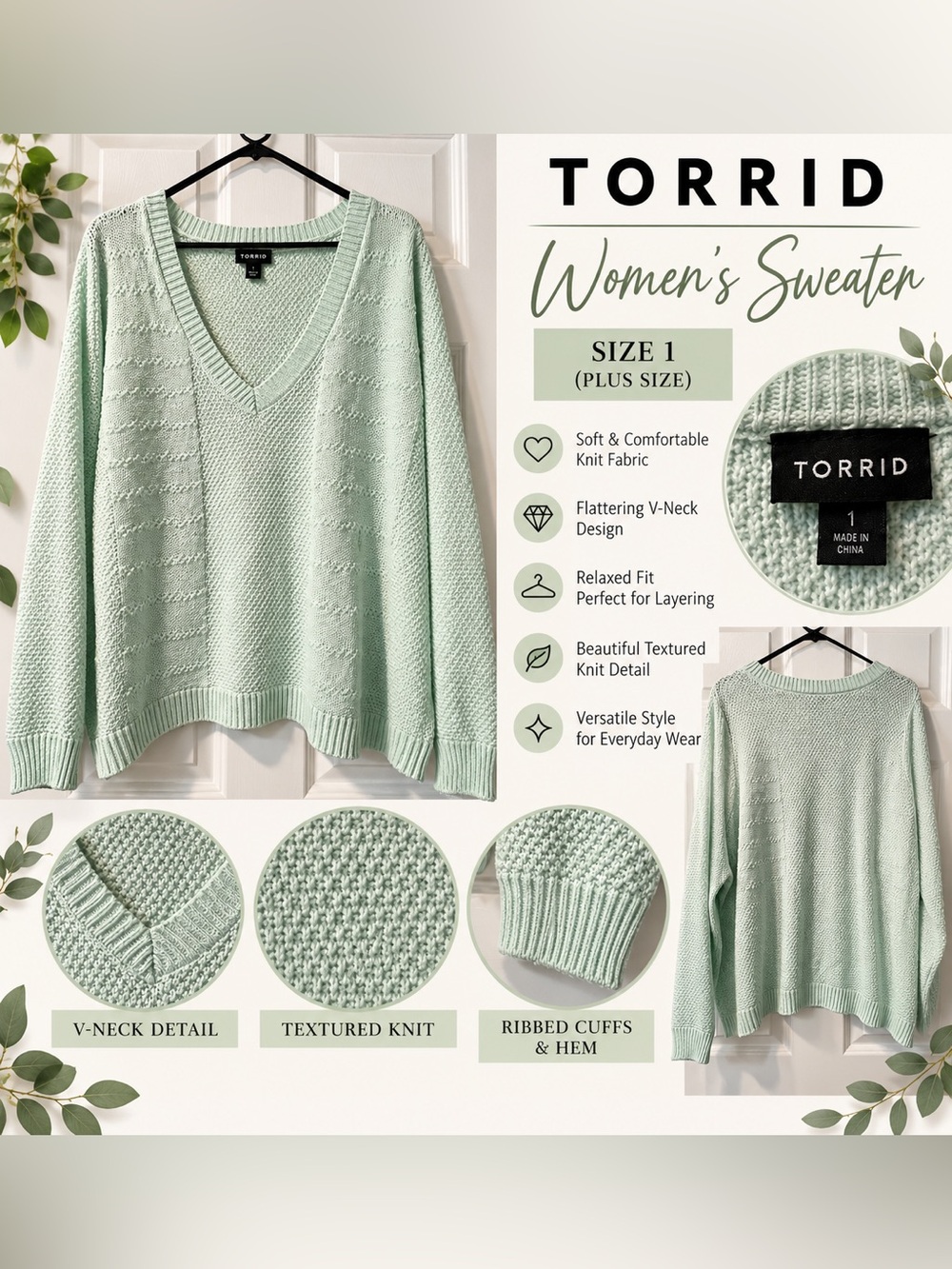 Torrid Mint Green Textured Knit Sweater Size 1
V-Neck Pullover